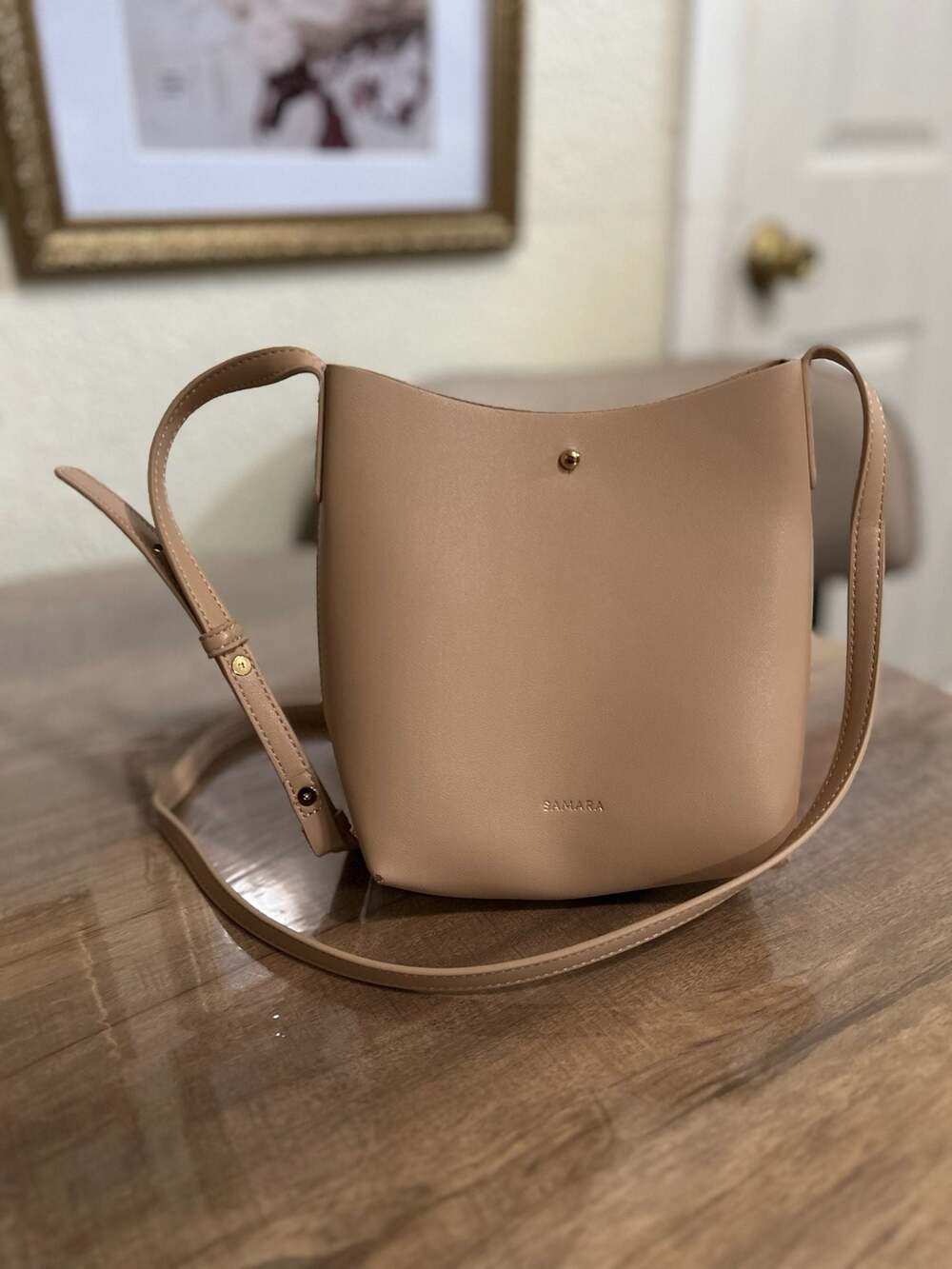 Samara Vegan Leather Bucket Crossbody Bag in Nude